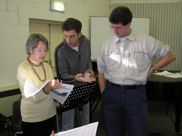 2004: Nicola with Lancelot Fuhry and Clark Rundell, rehearsing Light Passing